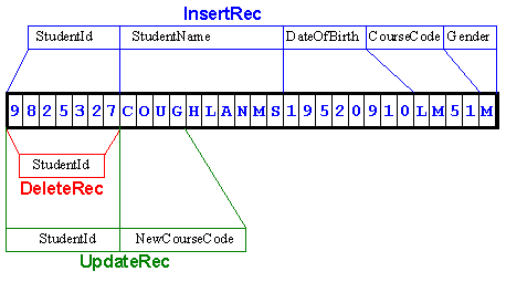 Diagram showing how multiple record types (InsertRec, DeleteRec, UpdateRec) map onto a single shared record buffer
