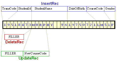 Record schematic showing TransCode and StudentId in InsertRec mapping onto the FILLER areas in DeleteRec and UpdateRec