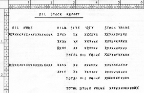 Thumbnail of the print layout specification for the Oil Stock Report, showing detail lines per oil size with quantity in stock and stock value, an Oil-Value control footing, and final totals.