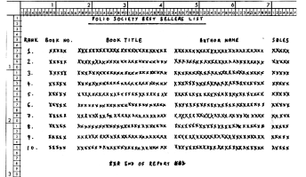 Thumbnail of the print layout specification for the Best Sellers Report, showing column headings and sample rows for book title, author name, and sales figures.