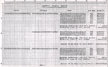 Thumbnail of the print layout specification for the Library Royalty Report, showing author royalty rows grouped by agent with agent-payment subtotals.